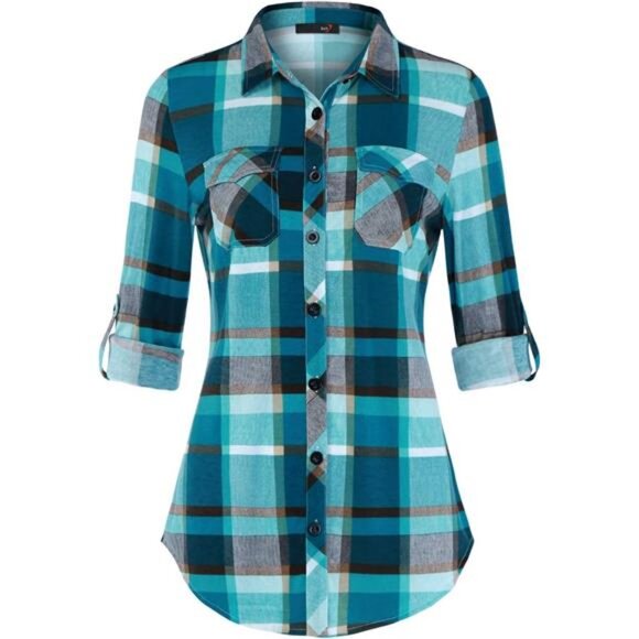 Womens Stretchy Knit Plaid Shirt - Roll Up‎ Long Sleeve Collared Button Down - Picture 1 of 7